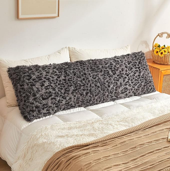 XeGe 20x54 Fluffy Leopard Print Body Pillow Cover, Cheetah Print Plush Fuzzy Faux Fur Body Pillowcase with Zipper, Farmhouse Shaggy Furry Long Pillow Cover for Women Side Sleeper, Light Grey