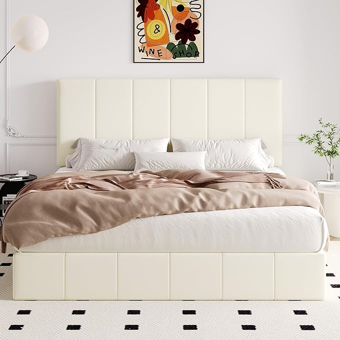 Allewie King Size Velvet Lift Up Storage Bed Frame, Vertical Channel Tufted Headboard, Hydrualic Underneath Storage, Upholstered Platform Bed, Wooden Slats Support, No Box Spring Needed, Cream