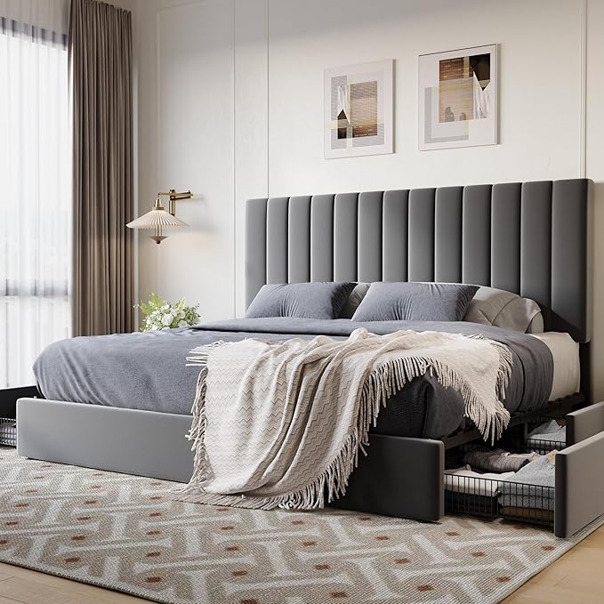 SHA CERLIN King Size Platform Bed Frame with 4 Storage Drawers, Vertical Channel Tufted Adjustable Headboard, Velvet Upholstered, Wooden Slats Support, No Box Spring Needed, Easy Assembly, Grey