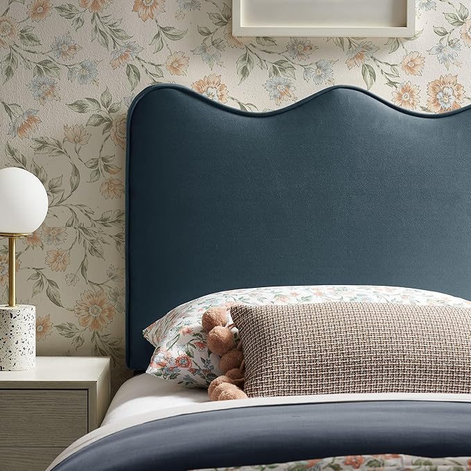 Monday Athena Twin Size Performance Velvet Adjustable Headboard in Cadet Blue - with Scalloped Wave Design and Stain-Resistant Velvet Upholstery