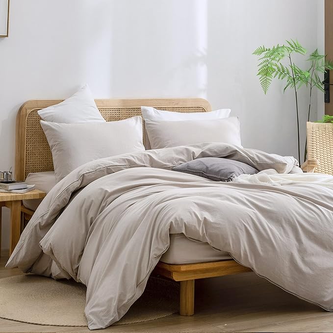 BESTOUCH Duvet Cover Set 100% Washed Cotton Linen Feel Super Soft Comfortable Chic Lightweight 3 PCs Home Bedding Set Solid Linen Grey Oversized King
