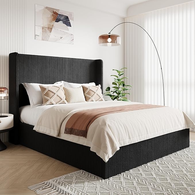 Allewie Queen Size Lift-Up Storage Bed Frame with Modern Wingback Headboard, Corduroy Upholstered Platform Bed, Hydraulic Gas Lift Support, Underbed Storage, Wooden Slats, No Box Spring Needed, Black