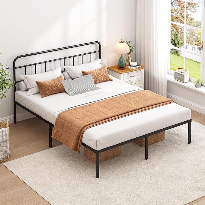Full Bed Frame with Classic Headboard,Strong Metal Slats Support,Under Bed Storage Space,No Box Spring Needed,Easy to Assemble,Black