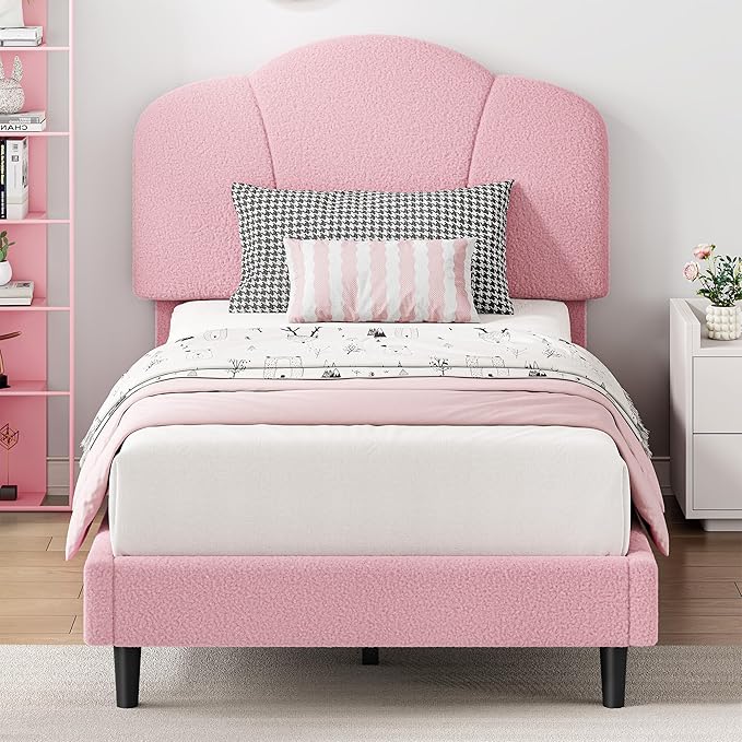 LIKIMIO Twin Size Bed Frame, Upholstered Twin Platform Bed with Headboard Lamb Velvet Twin Beds, No Box Spring Needed with 800LBS Sturdy Wooden Slats Support, Noise Free, Easy Assembly, Pink