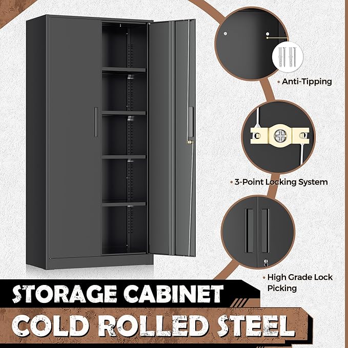 INTERGREAT Metal Lockable Storage Cabinet, 72” Storage Cabinet with 2 Doors and 4 Adjustable Shelves for Office, Home, Garage, Pantry (Assembly Required, Black)