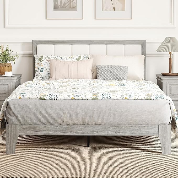 HOMCOM Full Size Bed Frame with Upholstered Headboard, Platform Bed Frame with Wooden Slats, No Box Spring Needed, Easy Assembly, Gray