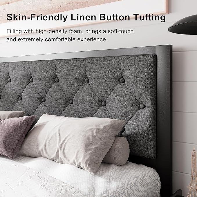 Feonase Queen Size Metal Bed Frame, Heavy-Duty Platform Bed Frame with Linen Upholstered Headboard, 12" Under-Bed Space, Steel Slats Support, No Box Spring Needed, Gray