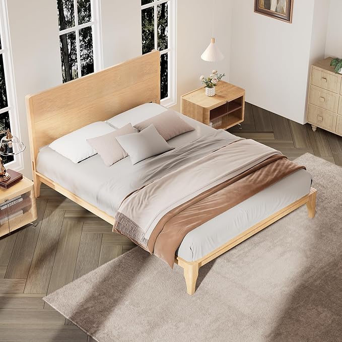 12 Inch Bamboo Queen Bed Frame, Platform Bed Frame with Headboard, Mid-Century Modern Bed Frames Wood Foundation Beds with Slats Metal Support, No Box Spring Needed, Easy Assembly, Natural