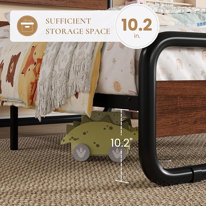SHA CERLIN Twin Size Metal Bed Frame with Wooden Headboard and Footboard, Heavy Duty Oval-Shaped Platform Bed Frame with 10" Under-Bed Storage, Heavy Duty Slats Support, No Box Spring Needed, Walnut