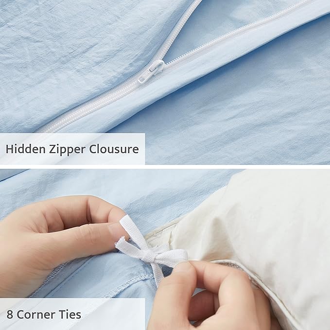 Oli Anderson Airy Blue Duvet Cover Queen Size - Pleated Queen Duvet Cover, 3PCS Soft and Breathable Textured Bedding Set with Zipper Closure(Airy Blue,90"x90")