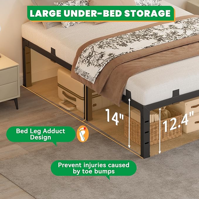 14 Inch Full Size Bed Frames, Heavy Duty Metal Platform 3500 lbs Capacity, No Box Spring Needed, 6 Mattress Slide Stopper, Headboard Holes, Noise-Free, Easy Assembly