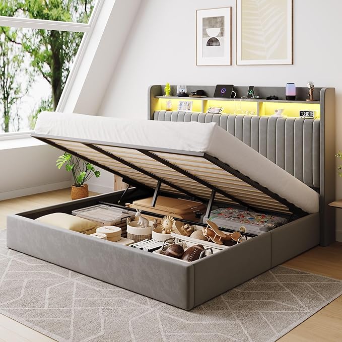 SHA CERLIN King Size Lift Up Storage Bed Frame/LED Lights/Charging Station/2-Tier Shelves Headboard/USB,Type-C Ports/Velvet Upholstered/Hydraulic Support/No Box Spring Needed/Noise Free/Gray