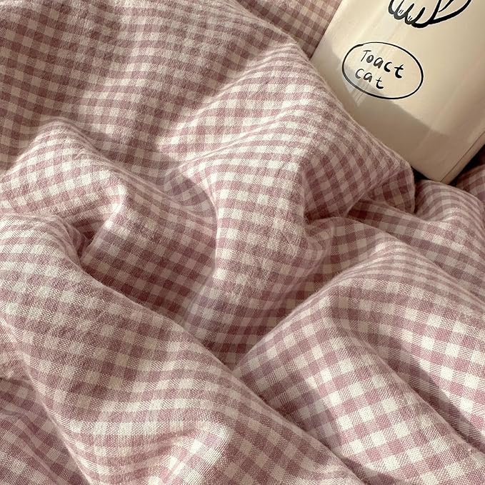 mixinni Purple White Gingham Duvet Cover Twin Size - 3 Piece Cottagecore Plaid Bedding Set with Lace Trim, Soft Washed Microfiber Vintage Aesthetic Grid Comforter Cover & Pillow Shams