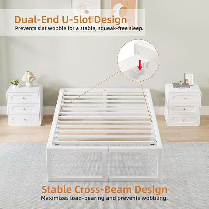 King Size Bed Frame, 18 Inch Metal Platform Bed Frames with Squeak Free U-Slot Design, 6 Non-Slip Guards, 3500lbs Heavy Duty Steel Slat Support, No Box Spring Needed, Under Bed Storage, White