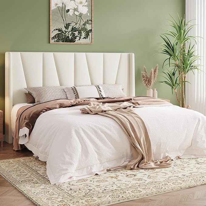 Allewie King Size Platform Velvet Bed Frame with Geometric Wingback Headboard, Boho Upholstered Bed with Wooden Slats Support, No Box Spring Needed, Easy Assembly, Cream