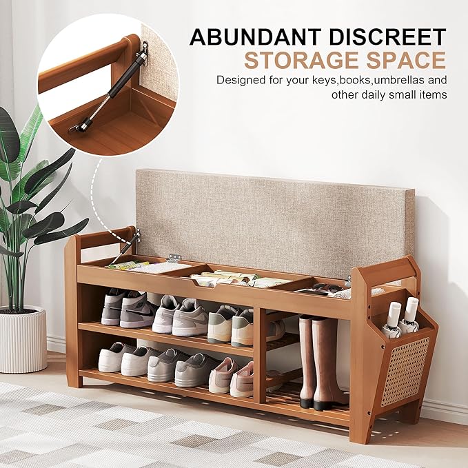 PETKABOO 39.4" Bamboo Shoe Rack Bench, 3-Tier Entryway Bench with Thick Cushion, Flip-Top & Side Storage, Holds Up to 550 LBS for Hallway, Living Room, Bedroom