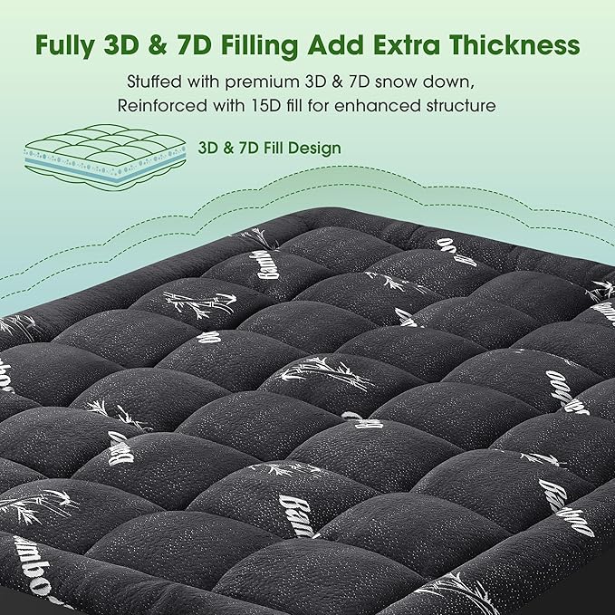 Mattress Pad King Size, Cooling Pillow Top Mattress Topper, Ultra Soft Viscose from Bamboo, Breathable for Hot Sleepers, Deep Pocket 8"-20", Black