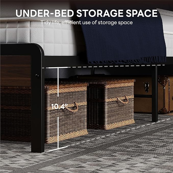 LIKIMIO Queen Bed Frame with Headboard, Dark Wood Camas Queen with Strong Supports, Sturdy, Noise-Free, No Box Spring Needed, Dark Walnut