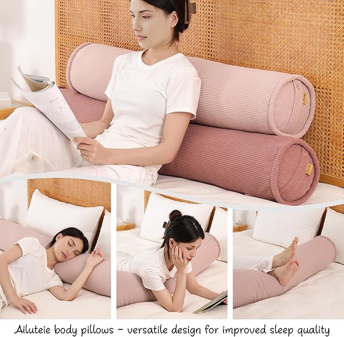 Corduroy Body Pillow,Large Round Bolster Roll Pillow for Side Sleepers, Tube-Style Hugging Body Pillow for Bed & Sofa, Removable Washable Cover,39 x 7.87 Inches,Pink