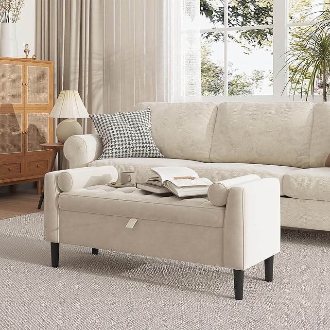 Garvee 46.5 in Storage Ottoman Bench – Upholstered End-of-Bed Storage Chest with Rolled Armrests & Wood Legs, Entryway Shoe Bench and Footrest Seat for Hallway, Bedroom & Living Room （Beige）