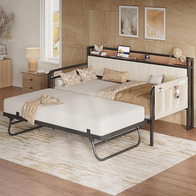 LIKIMIO Twin Daybed, Day Bed with Trundle, Storage Upholstered Headboard and Charging Station, Trundle Bed with Strong Supports for Living Room, Bedroom, and Guest Room, Beige
