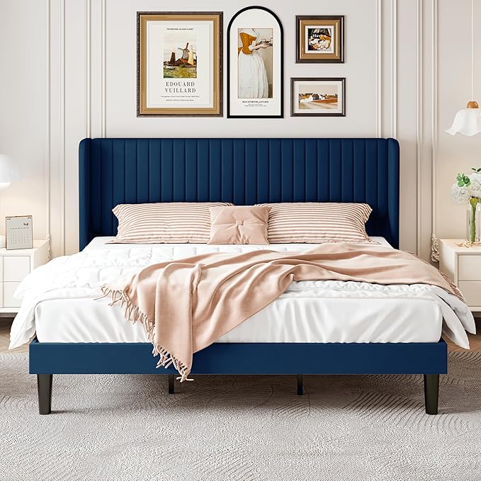 SHA CERLIN King Size Velvet Bed Frame with Vertical Channel Tufted Wingback Headboard, Upholstered Platform Bed with Wood Slats, No Box Spring Needed, Easy Assembly, Blue