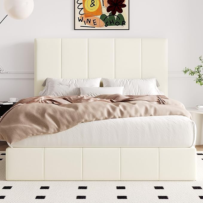 Allewie Full Size Velvet Lift Up Storage Bed Frame, Vertical Channel Tufted Headboard, Hydrualic Underneath Storage, Upholstered Platform Bed, Wooden Slats Support, No Box Spring Needed, Cream
