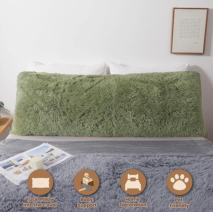 MEGO Fluffy Body Pillow Cover, 20x54 Shaggy Faux Fur Body Pillow Case, Green Comfy Plush Fuzzy Body Pillowcase, Furry Long Throw Bed Pillow Cover with Zipper for Adults Women Side Sleeper Sage Green