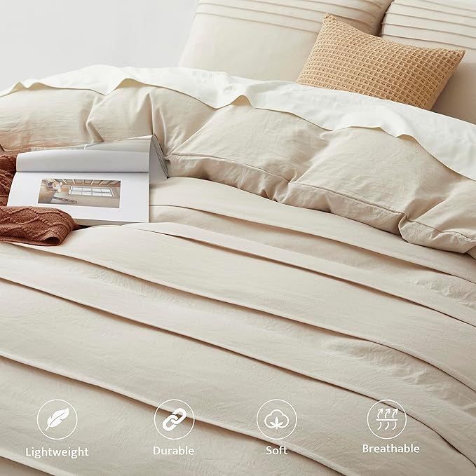 Oli Anderson Light Khaki Duvet Cover Queen Size - Pleated Queen Duvet Cover, 3PCS Soft and Breathable Textured Bedding Set with Zipper Closure(Light Khaki,90"x90")