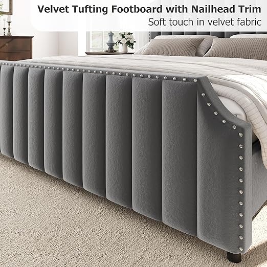 GarveeHome Queen Size Platform Bed Frame with 50.2 in Headboard, Velvet Upholstered Bed Frame with Vertical Channel Tufted Headboard & Footboard, Nailhead Trim, No Box Spring Needed, Grey
