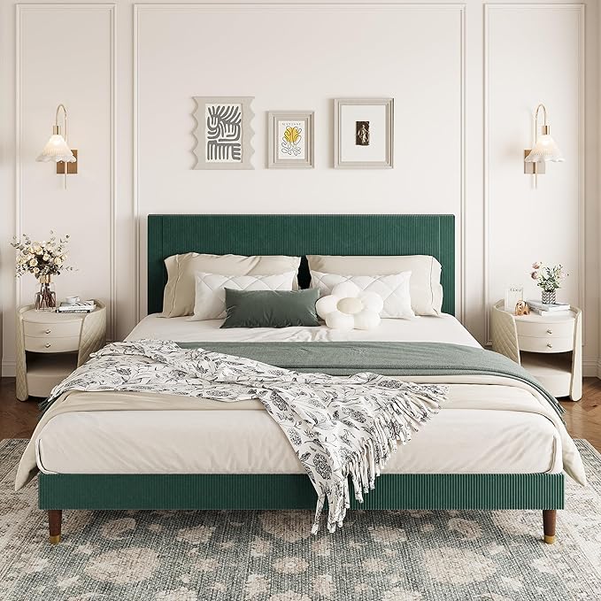 GarveeHome King Size Bed Frame with Upholstered Headboard and Strong Wooden Slats Support, Soft Corduroy Fabric Platform Bed, No Boxing Spring Needed, Easy Assembly, Dark Green