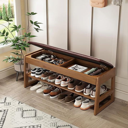 Shoe Rack Bench with Hidden Storage, 2-Tier Solid Rubberwood Entryway Bench with Soft Leather Cushioned Seat & Flip-Top Storage, 330lbs Capacity, Wooden Shoe Organizer for Hallway, Closet, Foyer