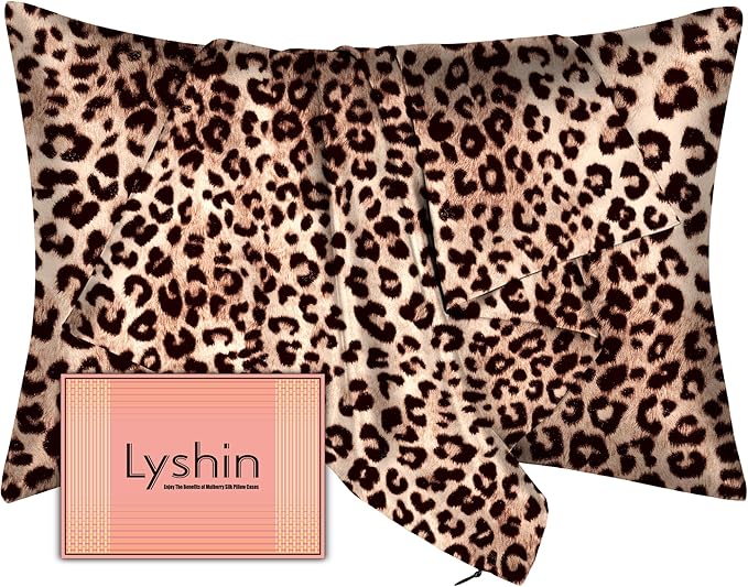 Silk Pillow Cases Queen Size with Hidden Zipper, Mulberry Silk Pillowcase for Hair and Skin, Smooth and Soft Breathable Cooling Silk Satin Pillow Covers for Sleeping, Gifts for Women, Leopard Brown