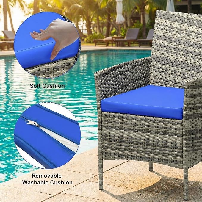 GarveeHome 3-Piece Patio Bistro Set, PE Rattan Outdoor Conversation Furniture with 2 Cushioned Chairs & Coffee Table, Weather-Resistant for Backyard, Balcony, Porch (Blue Cushion)