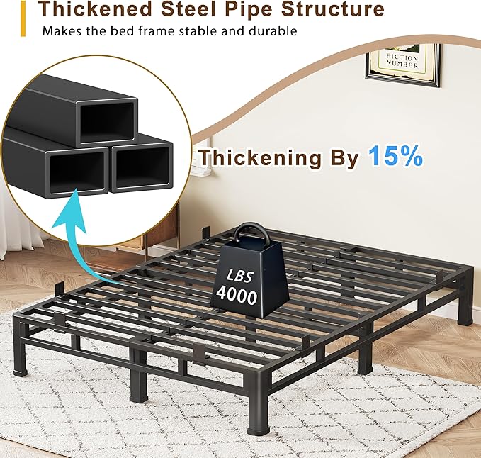 ROIL 10 Inch Queen Bed Frame, Metal Bed Frame & Box Spring 2 in 1 Platform with Round Corner Legs, 4000LBS Double Layer Low Profile Metal Platform Mattress Baffles, Noise-Free Easy Assembly