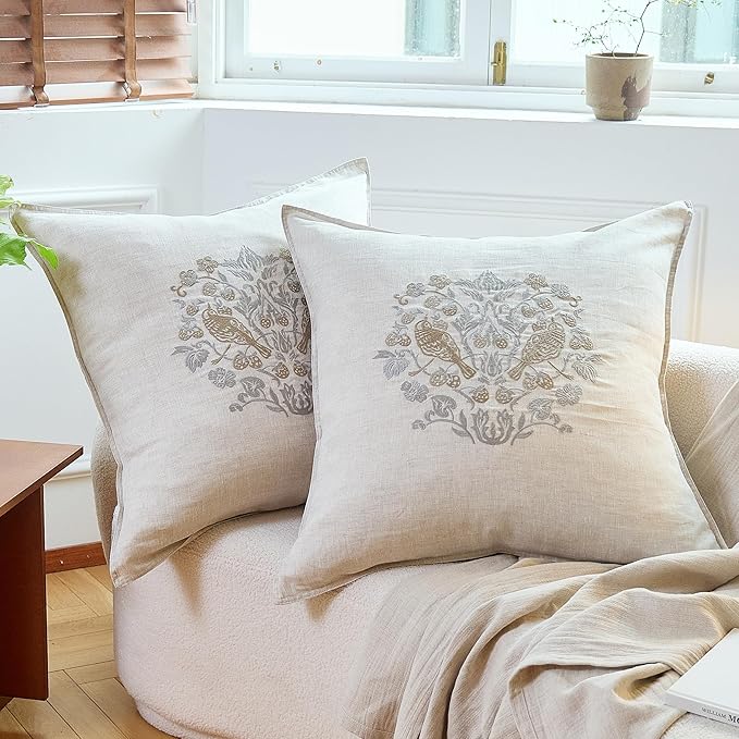 Simple&Opulence 100% Linen Euro Shams 26'' x 26'' Pack of 2, Embroidery Rosefinch Design Natural Flax Farmhouse Decorative Square Throw Pillow Covers for Bed Couch Sofa - Linen