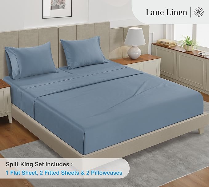 LANE LINEN 100% Cotton 450 Thread Count Split King Sheets Set for Adjustable Beds, Sateen Weave Hotel Quality, Fully Elasticized Oeko Tex Certified Sustainably Produced Machine Washable - French Blue