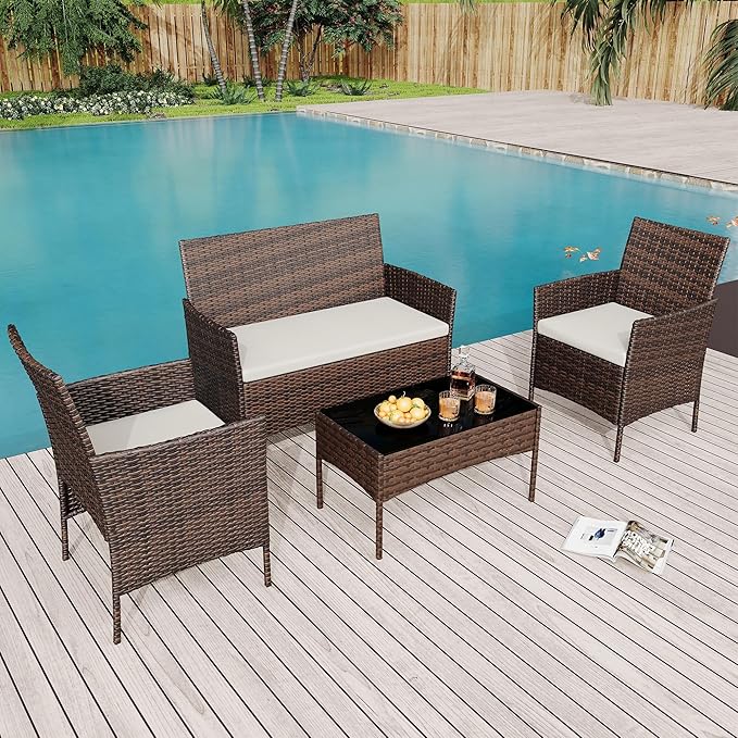 4-Piece Patio Furniture Set, Outdoor Wicker Conversation Set with Tempered Glass Coffee Table, Heavy Duty PE Rattan Sectional Sofa & Washable Cushions for Backyard, Deck, Poolside (Brown Rattan/Beige)