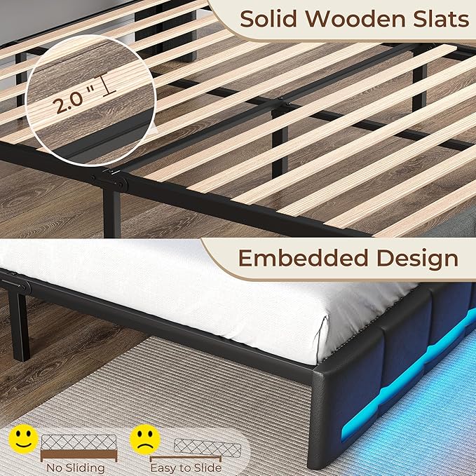 Rolanstar Twin Size Bed Frame with LED Lights and Charging Station, Upholstered Headboard with 2-Tier Storage Shelves, Heavy Duty Metal Frame, Noise-Free Support, Easy Assembly, No Box Spring Needed
