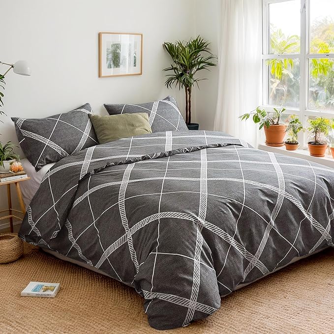 TOCOMOA Plaid Duvet Cover Set 100% Natural Cotton Soft Comfy Breathable 3 Piece Grey and White Striped Pattern Printed Comforter Cover Bedding Set (Queen 90"x90", Comforter Not Included)