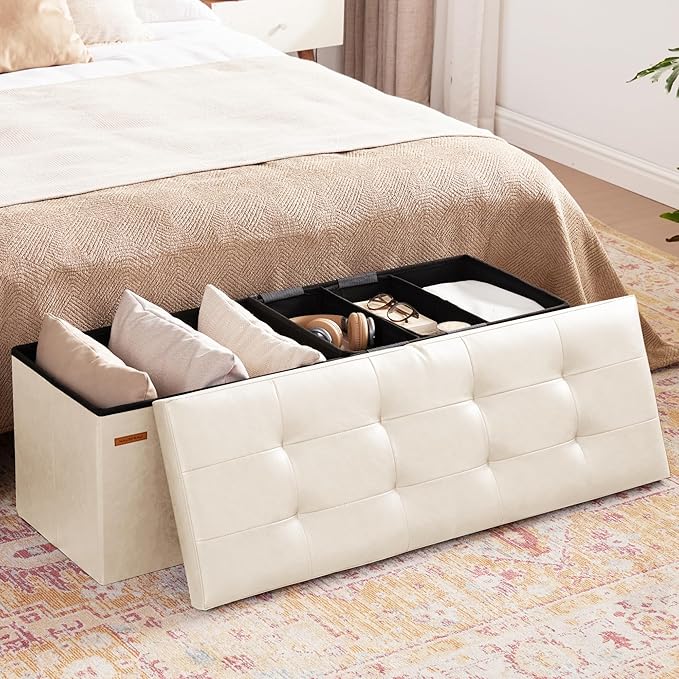 HAUSFRAU Storage Ottoman Bench with Flipping Lid, 43.3 Inches Storage Chest Footsrest, Folding Foot Stool for Entryway, Living Room, Bedroom, Synthetic Leather Ivory