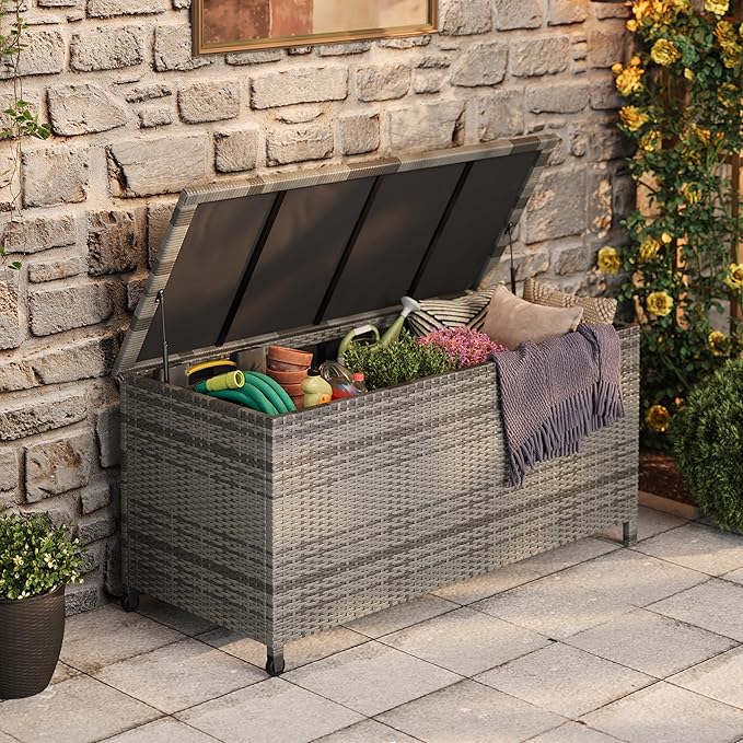 185 Gallon Outdoor Wicker Deck Box, All-Weather Waterproof Patio Storage with PE Rattan Finish & Steel Frame, for Cushions, Garden Tools, Pool Supplies, Lockable Brown Storage Box with Soft-Close Lid