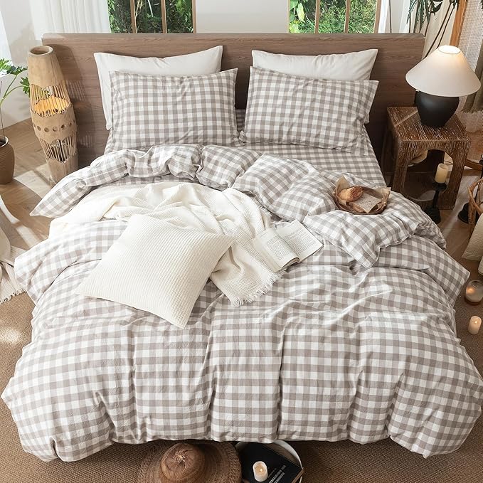 MooMee Gingham Duvet Cover Set 100% Washed Cotton Linen Like Textured Breathable Durable Soft Comfy Modern Checkered Design (Buffalo Plaid Tannish Linen Grey, Cal King 104"x98")