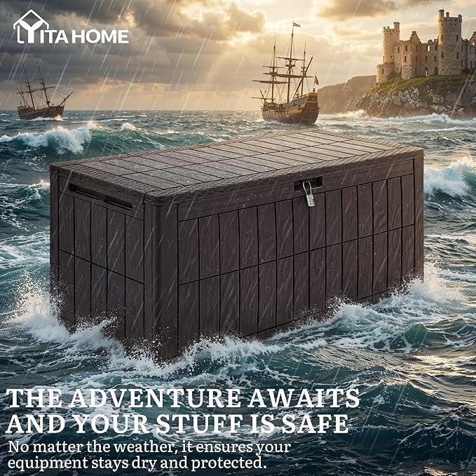 YITAHOME 110 Gallon Outdoor Deck Box, Waterproof Resin Storage Box with Lock, Lockable Patio Furniture Bin, 2-Person Bench Seating for Outdoor Cushions, Garden Tools & Sports/Pool Supplies, Dark Brown