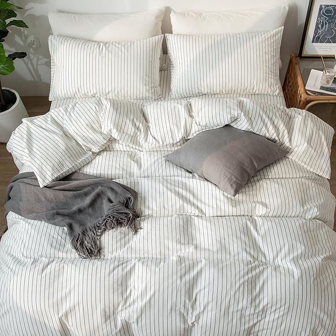 MooMee Striped Duvet Cover Set 100% Washed Cotton Linen Like Textured Breathable Durable Soft Comfy (White Dark Grey Wide Stripes, Cal King 104"x98")
