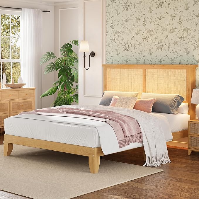 Garvee Queen Size Rattan Bed Frame, Bohemian Queen Rattan Bed Frame with Natural Headboard, Platform Queen Size Bed with Wooden Legs, LED Lights, No Box Spring Needed