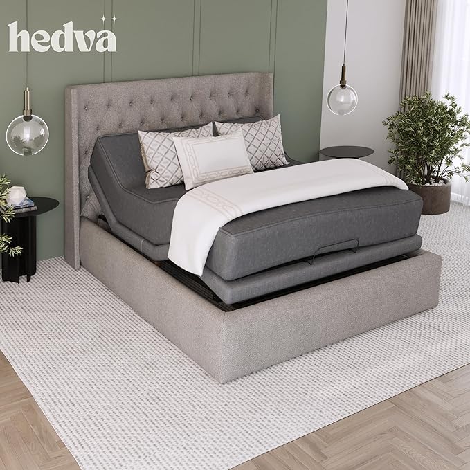 Hedva Adjustable Bed Frame with Massage Motors, 4 USB Ports, LED Light, 5-Minute Assembly, Multiple Preset Positions for Ultimate Comfort, Wireless Remote Control Adjustable Bed (Black, Queen)