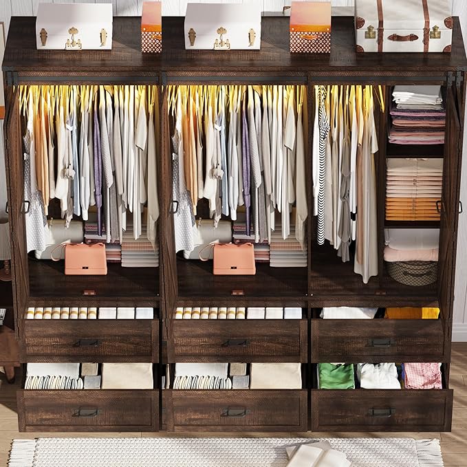 Farmhouse 6 Doors Armoire Wardrobe Closet w/Folding Sliding Barn Door and Lights, LED Armoire Closet w/ 6 Drawers for Bedroom, Freestanding Wooden Wardrobe Storage Closets w/Hanging Rod,Rustic Brown