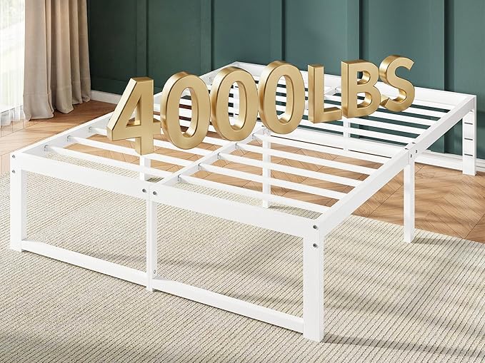 Allewie Queen Bed Frame, 14 Inch Metal Platform Bed Frame with 4000LBS Heavy Duty Steel Slats Support, Noise Free, Easy Assembly, No Box Spring Needed, White