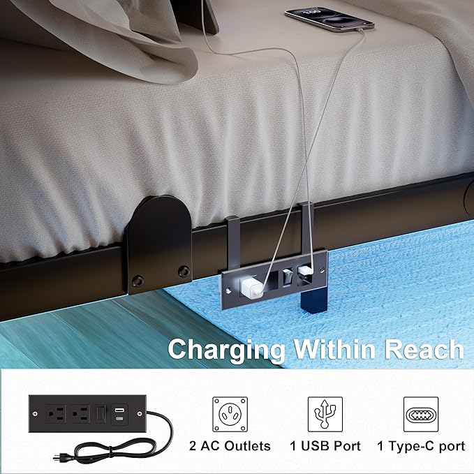 qimamo 10 Inch Floating King Bed Frame with Smart LED Lights and Charging Station, Modern Metal King Bed Frame, Easy to Assemble, No Box Spring Needed